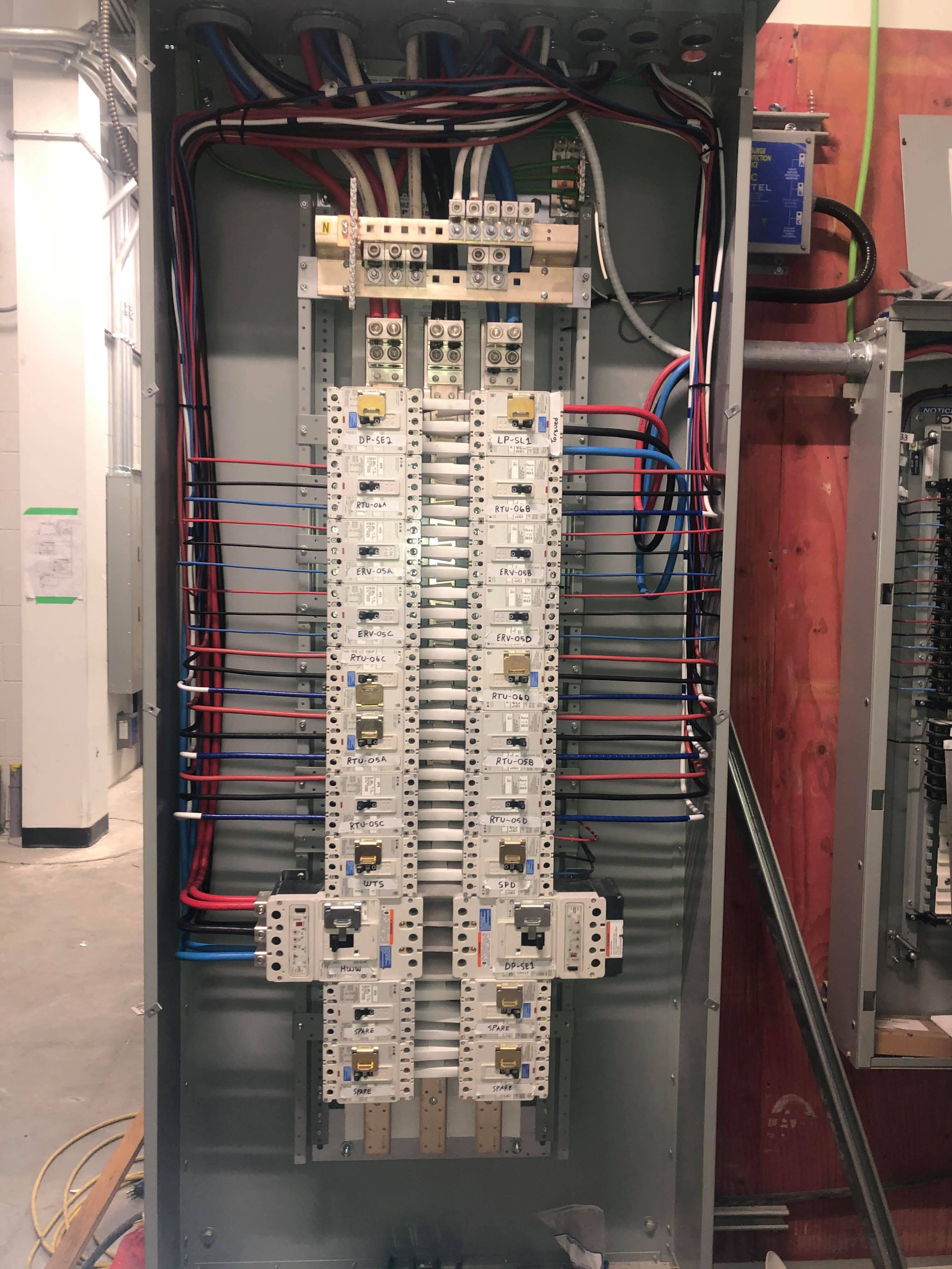 Multi-circuit panel with red and blue branch wiring across rows of breakers